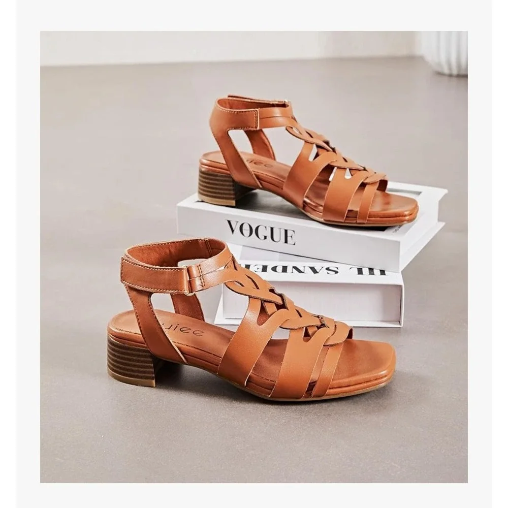 Ruiee Womens Tan Faux Leather Strappy Gladiator Sandals Square Toe‎ Heel Size 11